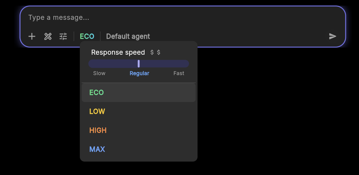 Tellers intelligence menu with ECO, LOW, HIGH and MAX, and a separate response-speed slider showing Slow, Regular and Fast.