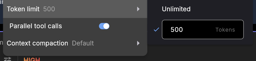 Tellers settings with a token limit of 500, an Unlimited option, Parallel tool calls enabled, and Context compaction set to Default.