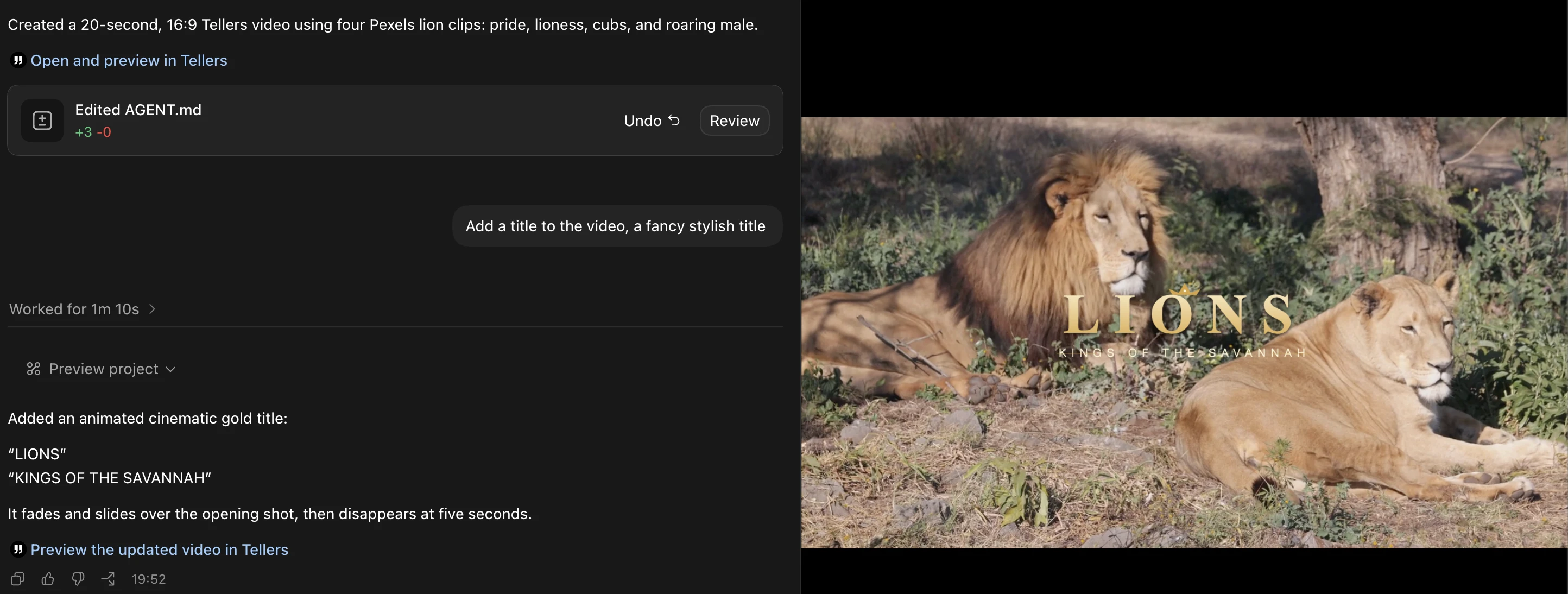 An AI agent adding an animated cinematic title while the Tellers video preview remains visible beside the conversation