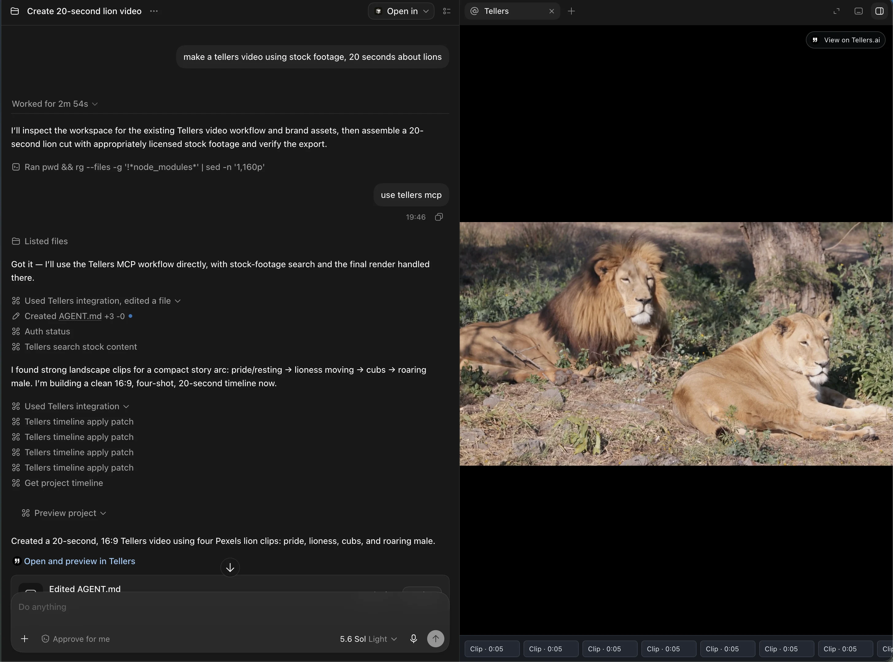 A Tellers MCP workflow creating a 20-second stock-footage video about lions with a live preview beside the agent conversation