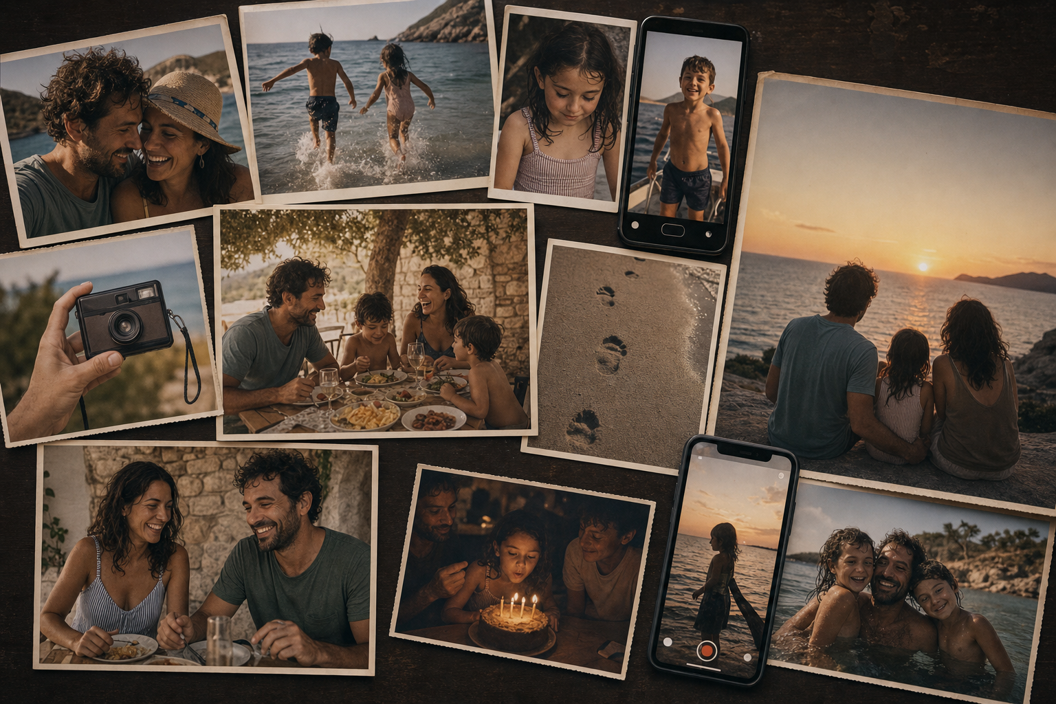 Candid photographs from one family holiday arranged as a memory collage